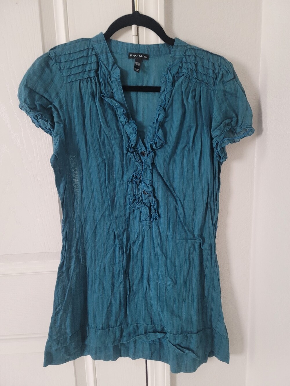 FANG Teal Ruffle V-Neck Short Sleeve Blouse
